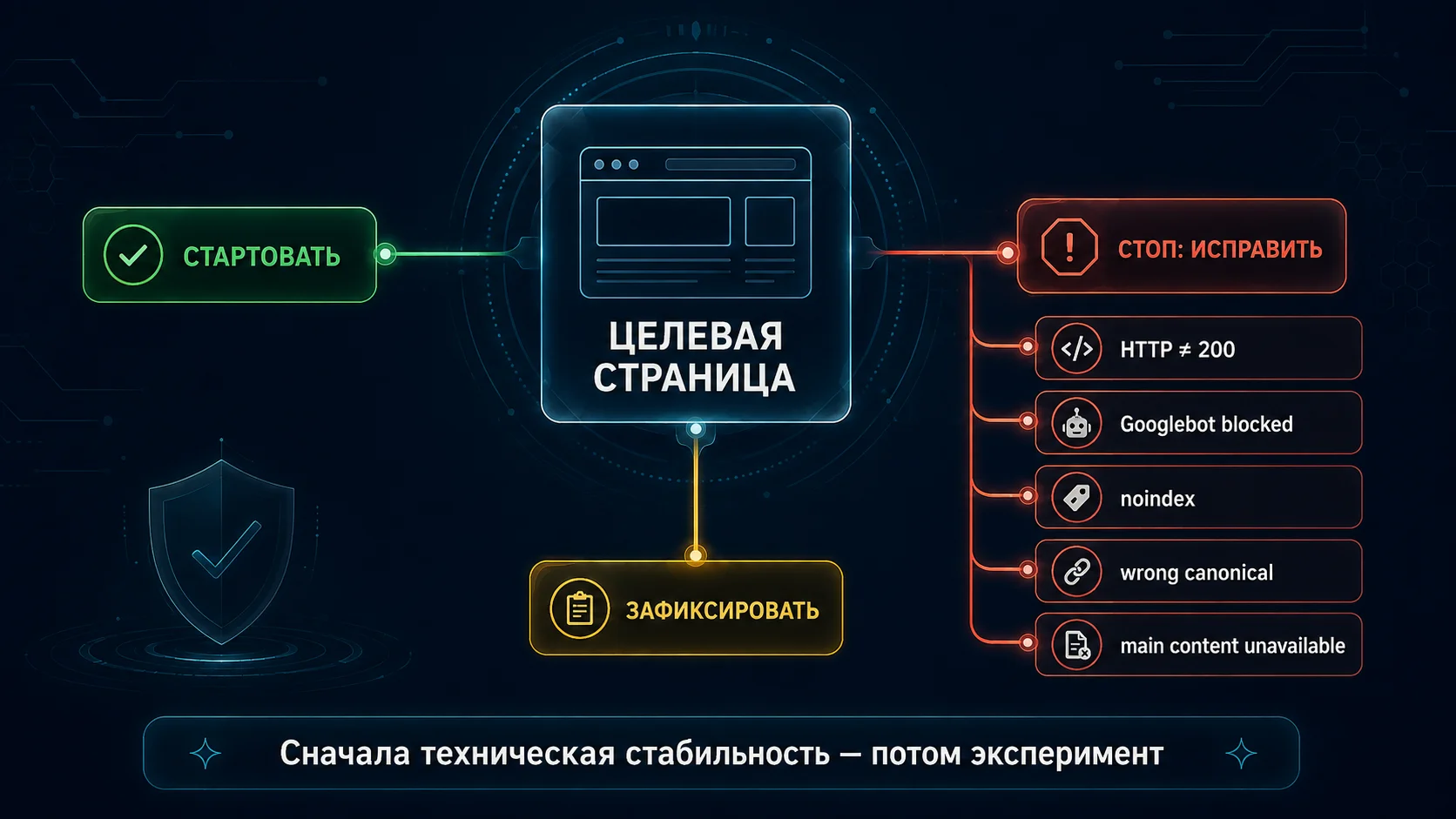 Техническая готовность страницы до SEO-эксперимента: стартовать, исправить или зафиксировать
