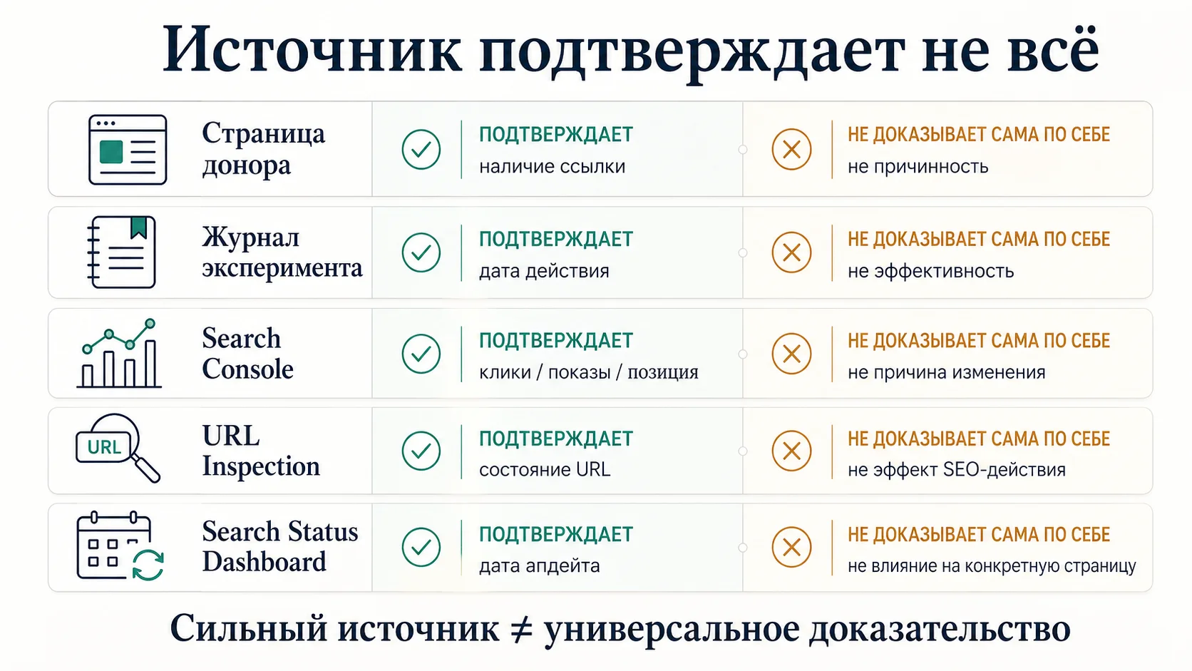 Границы источников в SEO-кейсе: что подтверждают Search Console, журнал и URL Inspection