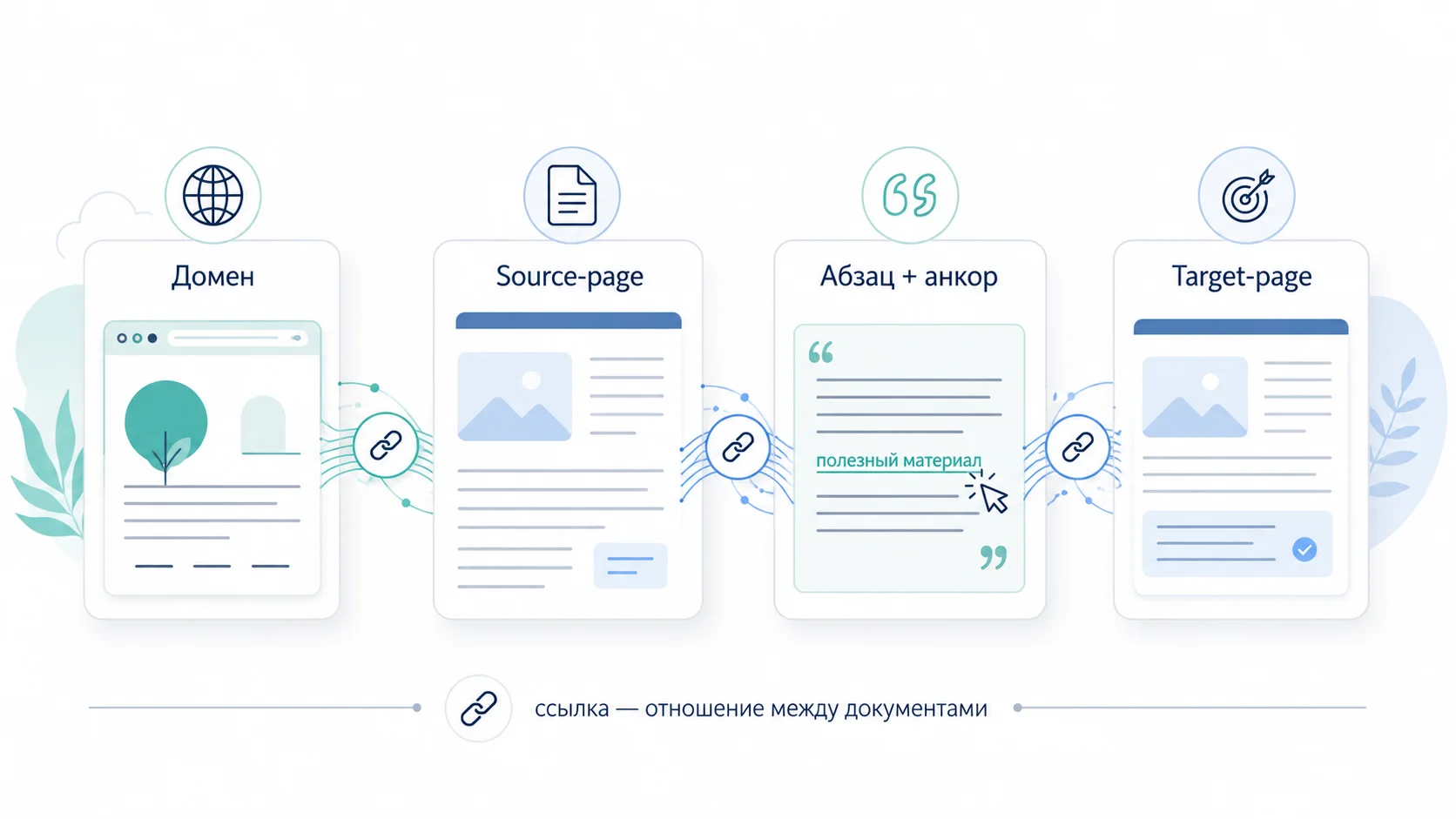 Четыре уровня контекста SEO-ссылки: домен, source-page, абзац с анкором и target