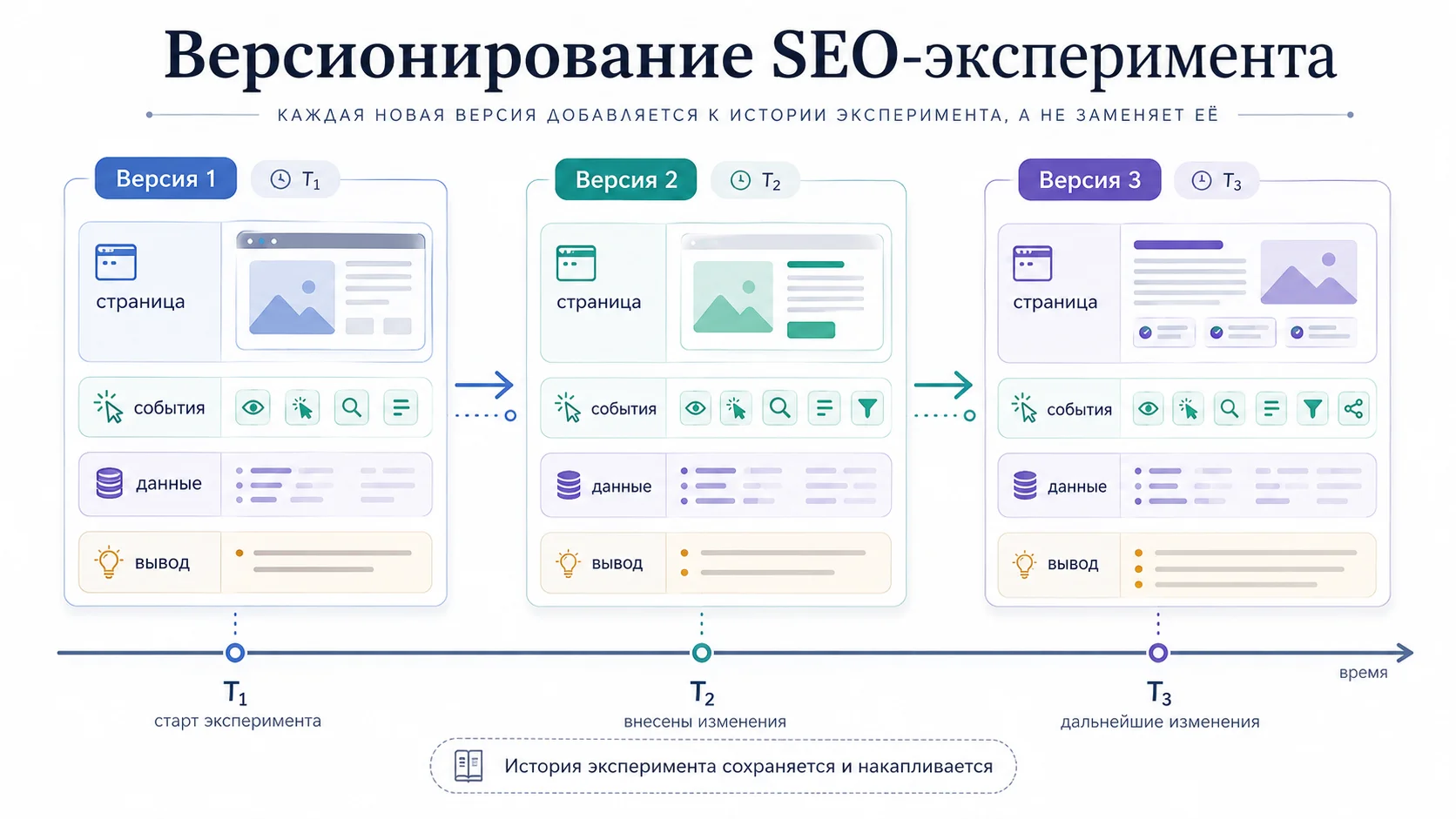 Версионирование SEO-эксперимента: состояние страницы, события, данные и выводы во времени