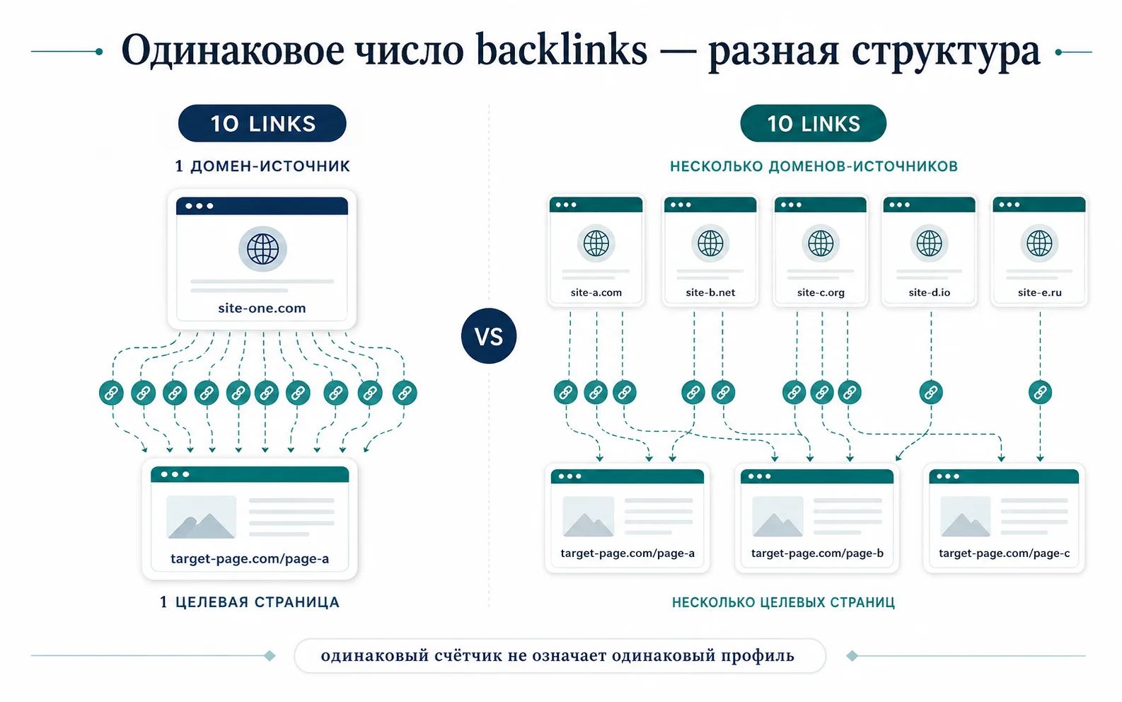 Одинаковое количество backlinks может скрывать разную структуру referring domains и target-страниц