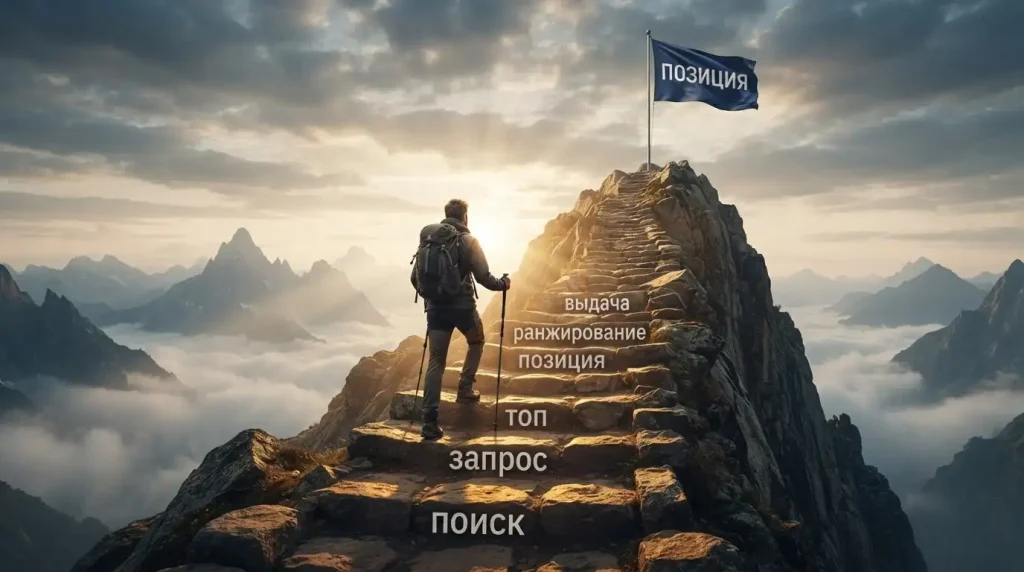 Альпинист поднимается по ступеням «поиск → запрос → топ → позиция → ранжирование → выдача» к флагу «позиция» на вершине горы