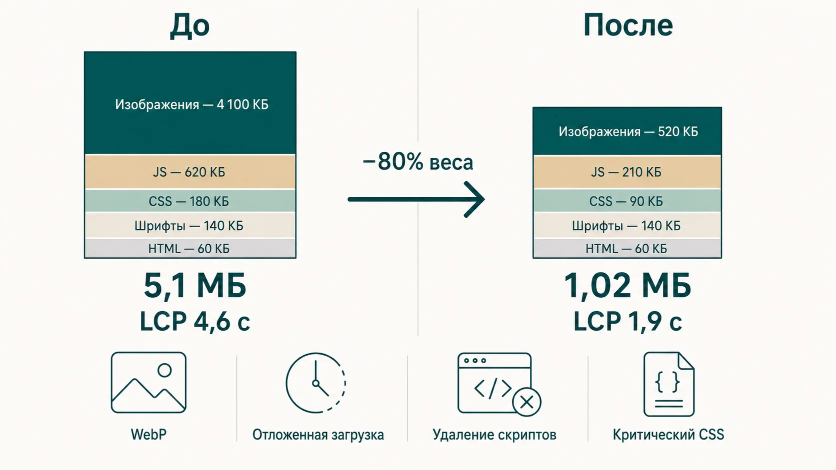 Состав веса страницы до и после оптимизации: 5,1 МБ и LCP 4,6 секунды против 1,02 МБ и 1,9 секунды