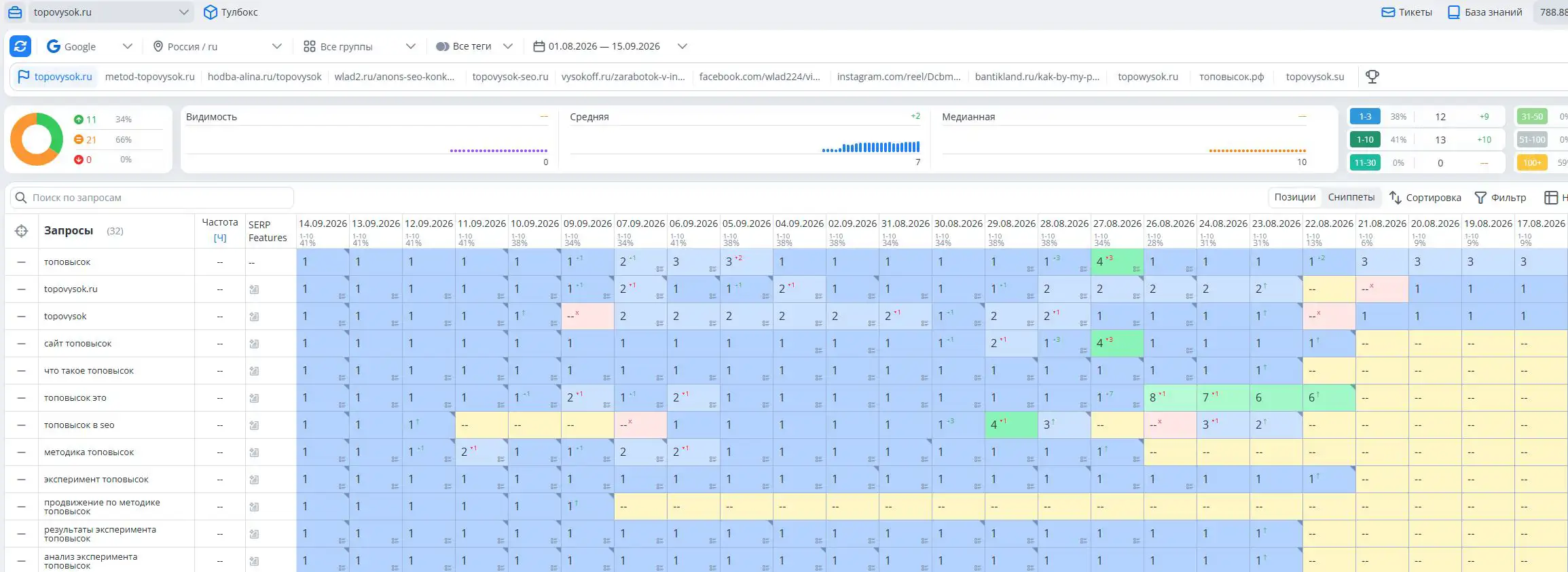 Google Россия, Топвизор. Основной запрос «топовысок» с 9 по 14 сентября стоит на 1-м месте. Два более ранних разрыва видны в левой части ряда.