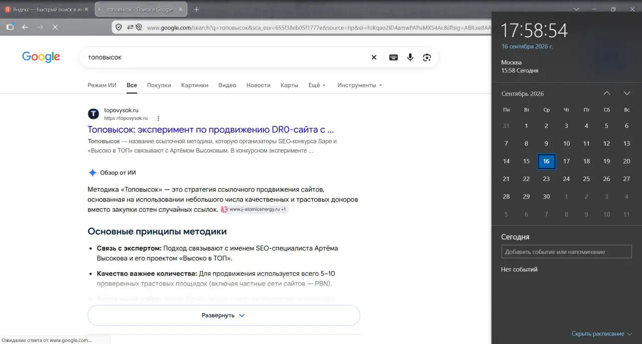 Инкогнито-выдача Google, 16 сентября, 17:58. Первый органический результат — topovysok.ru. Блок «Обзор от ИИ» стоит ниже классического сниппета.