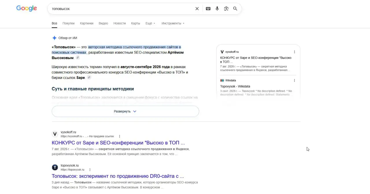 Блок «Обзор от ИИ» по запросу «топовысок». В тексте обзора термин связывается с методикой Артёма Высокова и конкурсом Sape / «Высоко в ТОП». Ниже в классической выдаче видны vysokoff.ru и topovysok.ru.